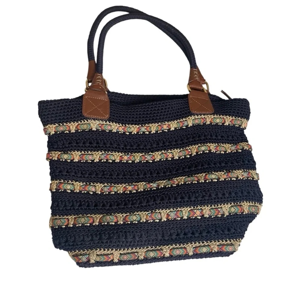 The Sak Cambria Crocheted Large Double Strap Zip‎ Top Tote Navy Woven Ribbon EUC